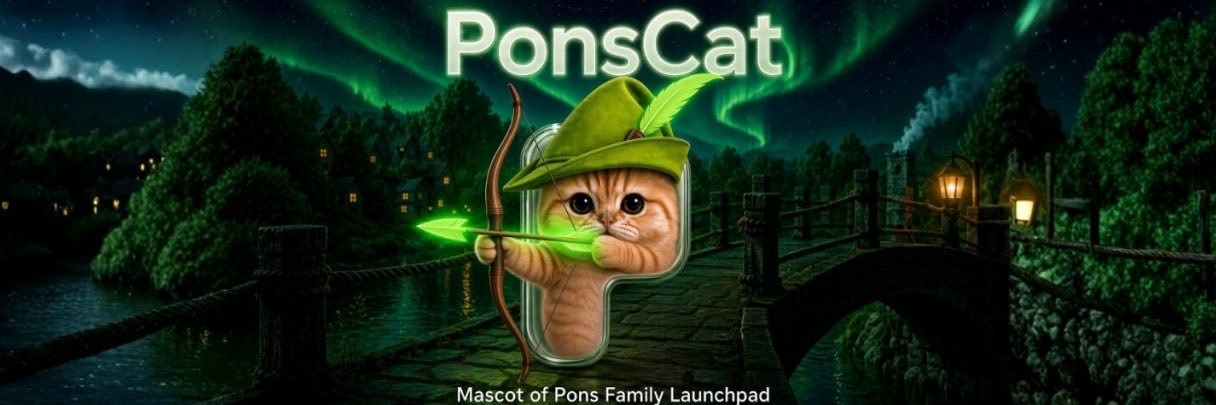 PonsCat key art — the hooded archer cat crossing the bridge
